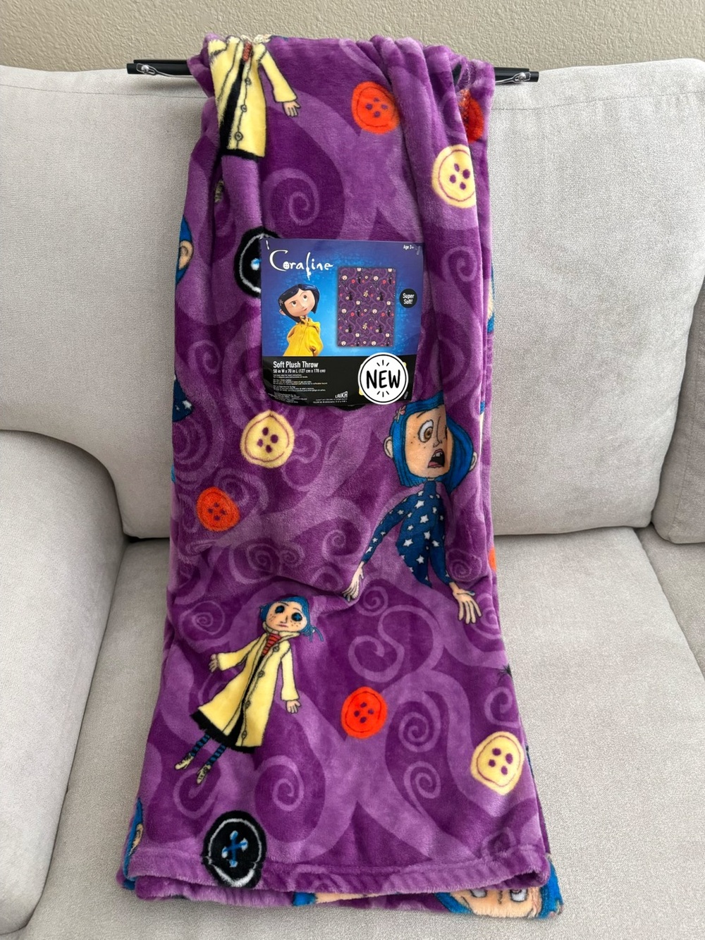 Coraline Purple Plush Throw Blanket - Character Button Print